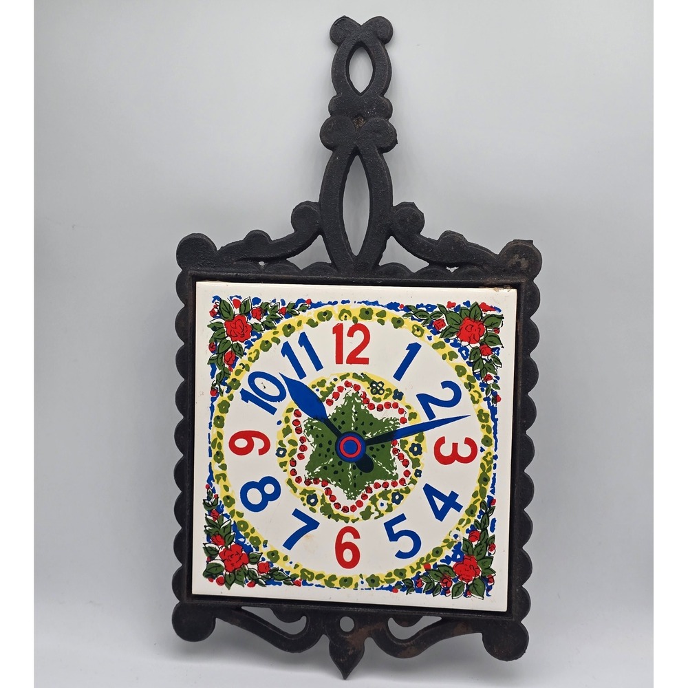 Vintage Lobeco Wall Clock Cast Iron Trivet 10.5in White Tile Retro Floral Japan